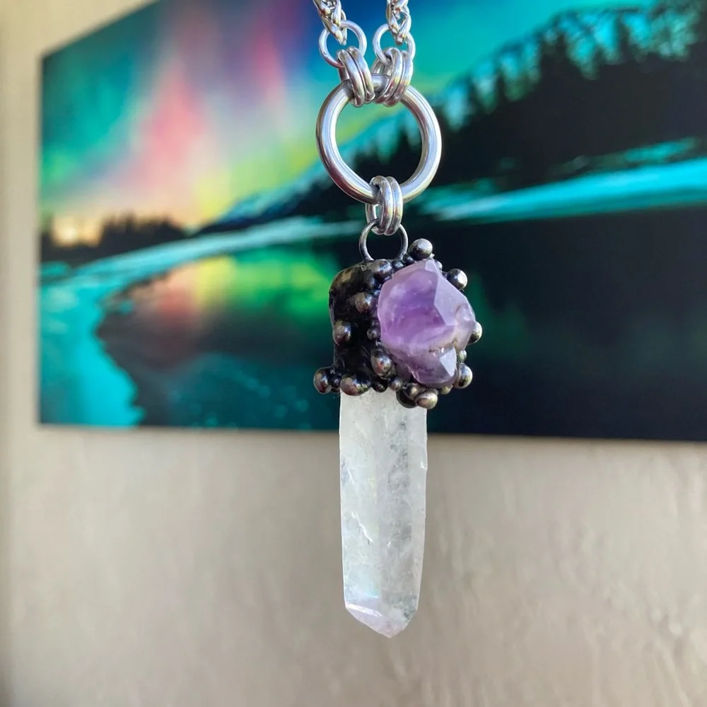 Natural raw purple amethyst &  crystal quartz gemstone boho charm necklace - Picture 15 of 16